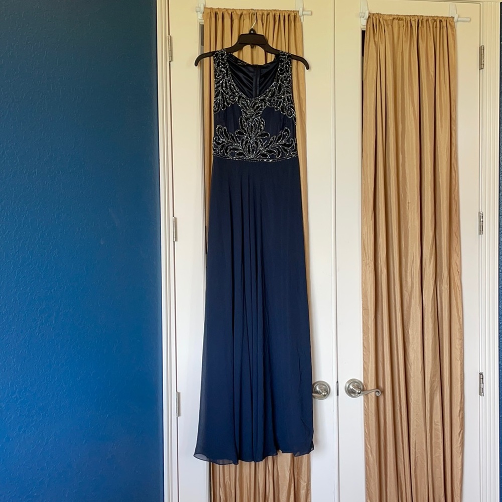 JKARA navy beaded formal gown